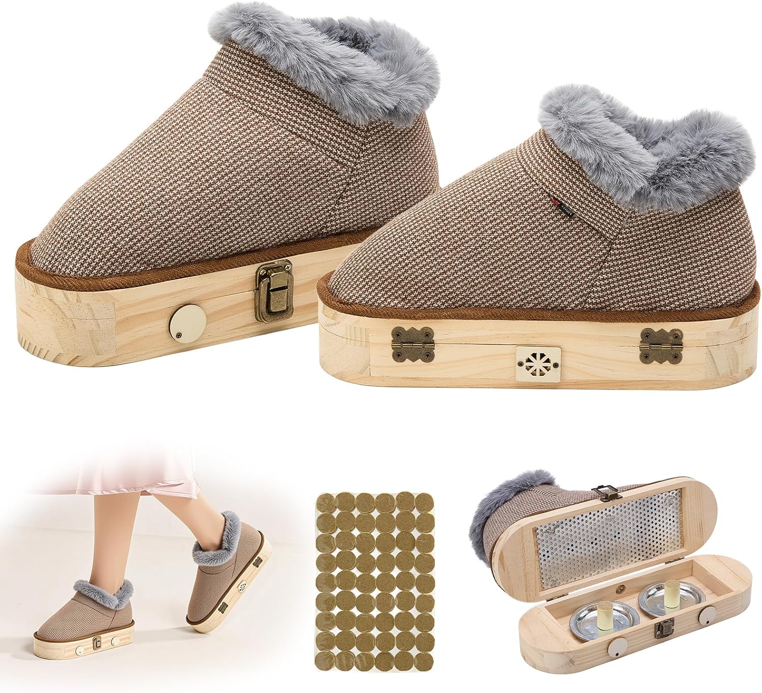 Moxibustion Shoes & Moxa Stick Box - Winter Foot Warming Essential, Adjustable Temperature Moxibustion Boots for Men & Women, Portable Mugwort Heat Therapy Tool (Brown, 7-8.5)